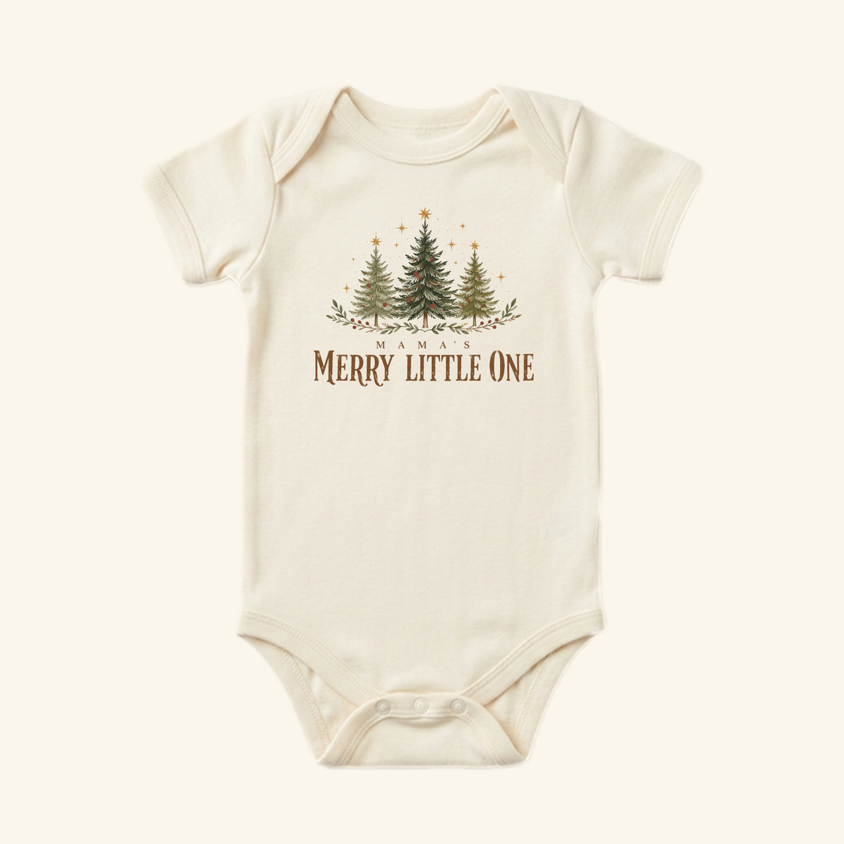 Cream-colored Mama’s Merry Little One Baby Onesie – Christmas Tree Bodysuit featuring an illustration of three trees and the text Mamas Merry Little One.
