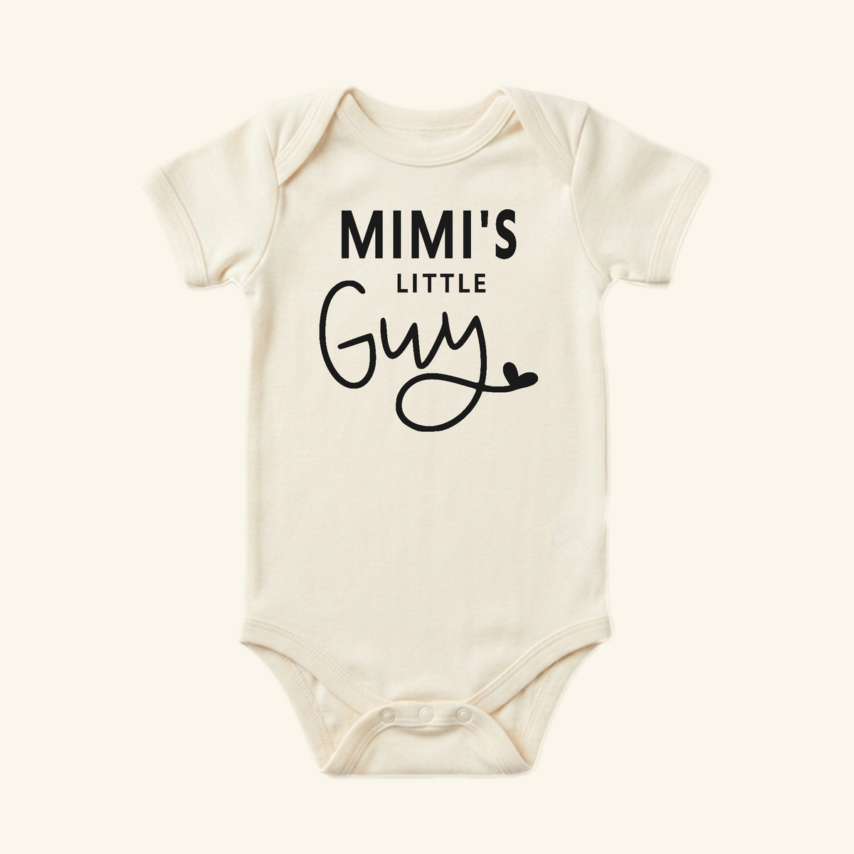 Short-sleeve Mimi’s Little Guy bodysuit featuring a small heart icon.