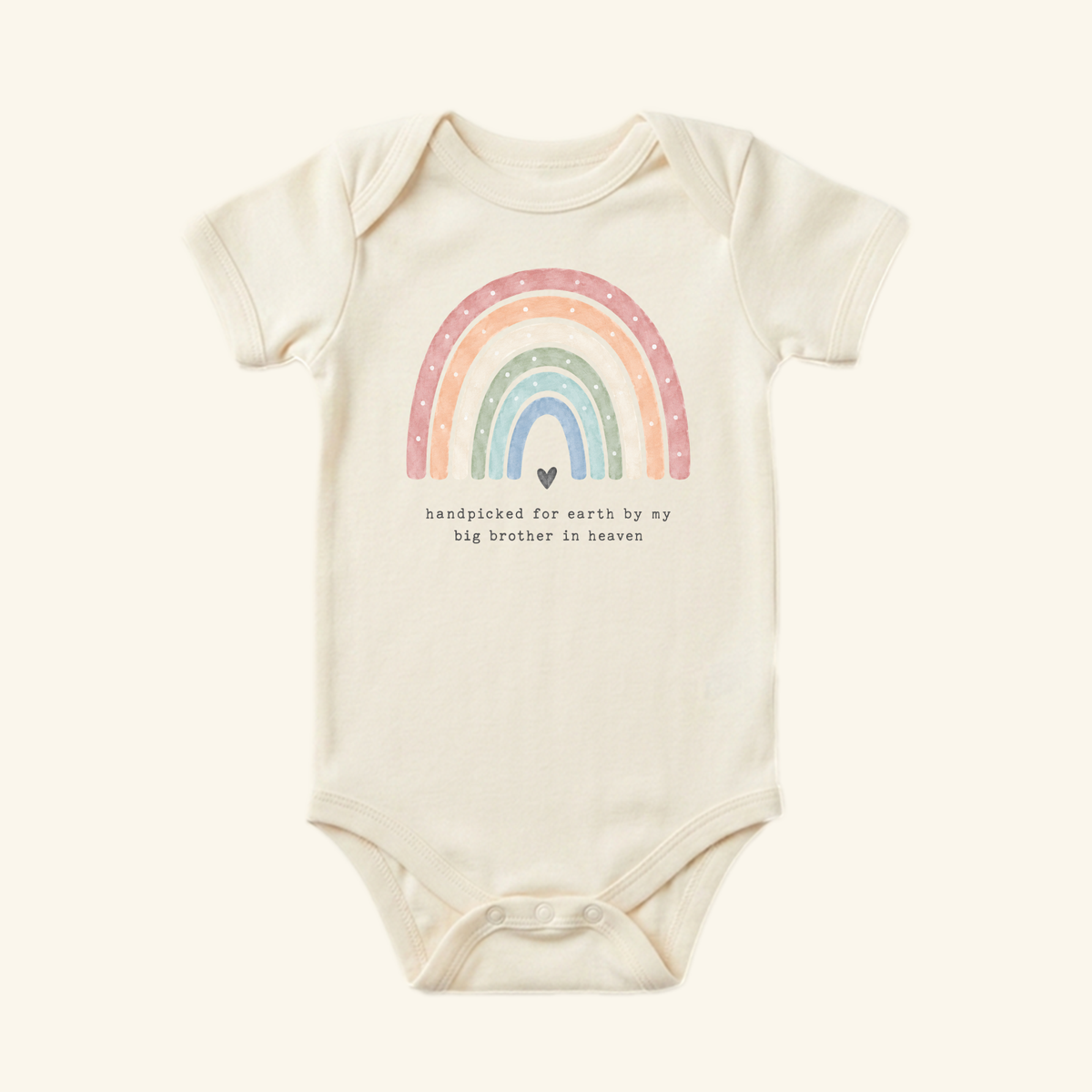 Toodleroos Rainbow Baby Onesie – Handpicked by My Big Brother in Heaven Bodysuit, a short-sleeved rainbow baby bodysuit featuring a watercolor design and the text, handpicked for earth by my big brother in heaven.