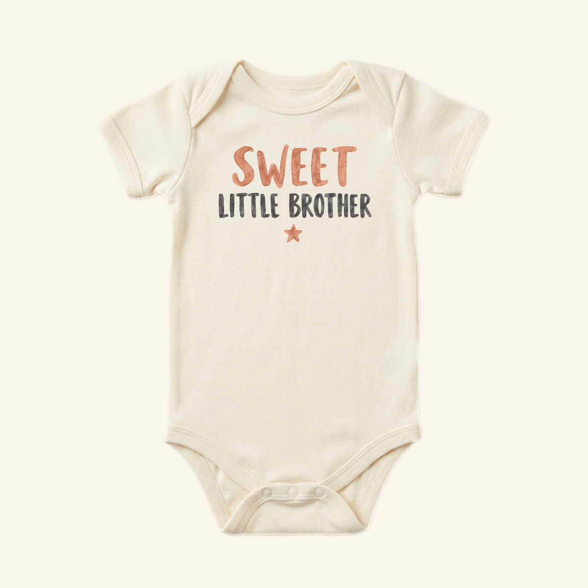 Cream-colored Sweet Little Brother Baby Onesie – Watercolor Star Sibling Bodysuit printed with a small star.