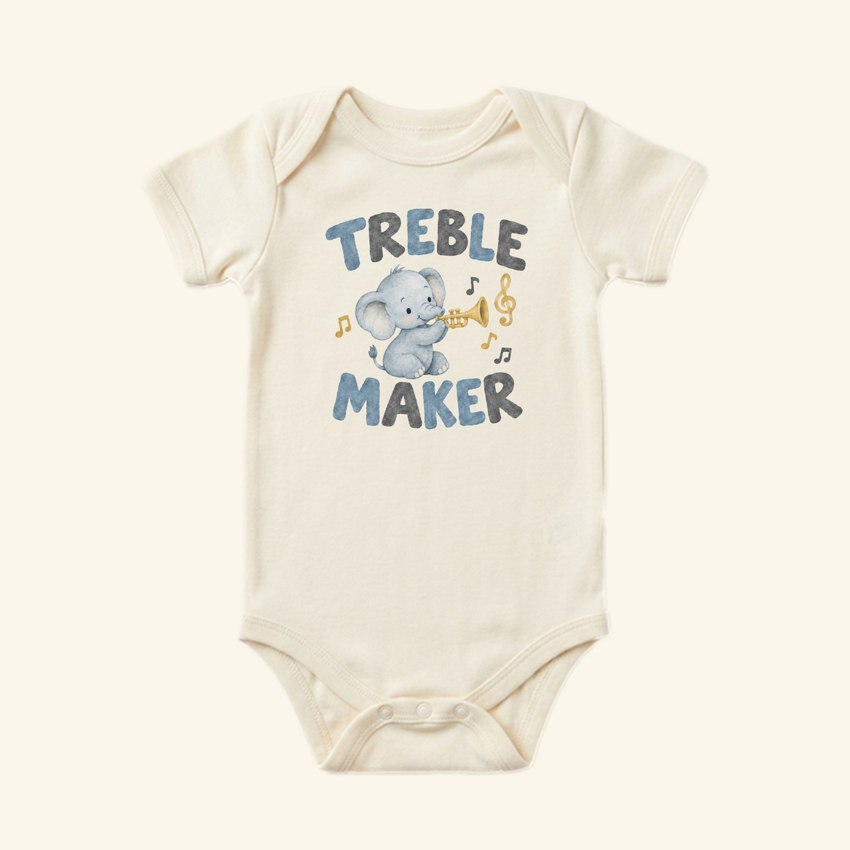 Cream-colored Treble Maker Baby Onesie – Funny Elephant Trumpet Music Bodysuit featuring a graphic of an elephant playing a trumpet with musical notes and the text TREBLE MAKER.
