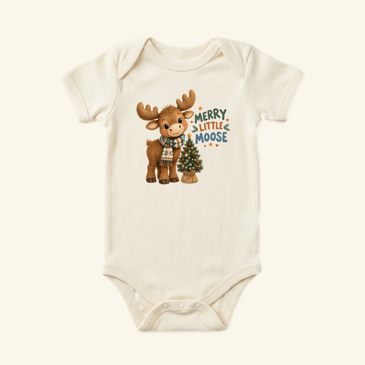 Off-white Toodleroos Merry Little Moose Baby Onesie featuring a graphic of a moose wearing a scarf next to a small Christmas tree with the text Merry Little Moose.