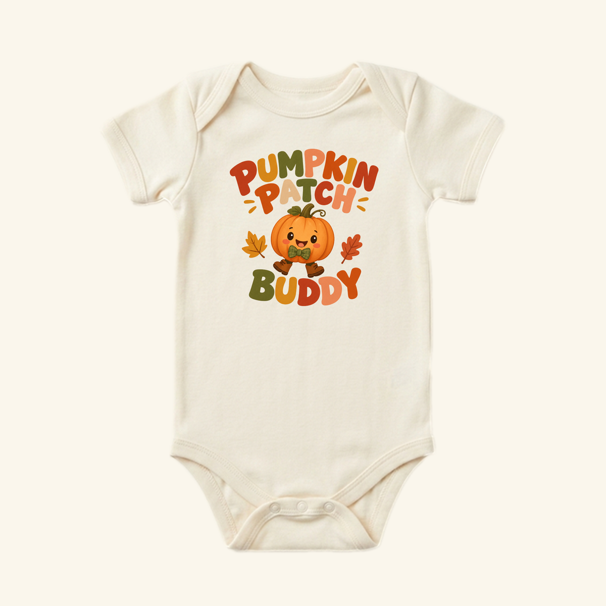 Cream-colored Pumpkin Patch Buddy Baby Onesie – Fall Pumpkin Bodysuit featuring a cartoon pumpkin with a bowtie, autumn leaves, and the text Pumpkin Patch Buddy.