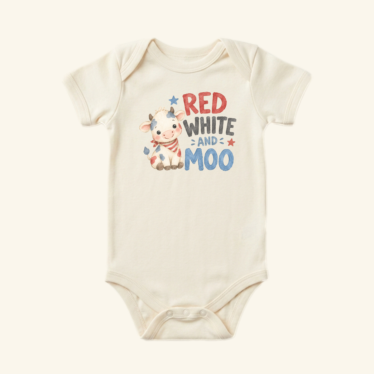 Cream-colored Red White and Moo Baby Onesie – Patriotic Baby Cow Bodysuit featuring a watercolor illustration of a cow with red, white, and blue accents and the text RED WHITE AND MOO.