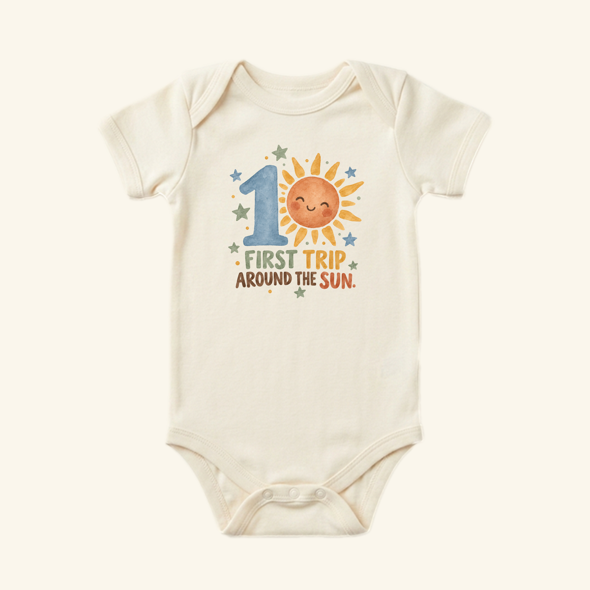 Off-white First Trip Around the Sun 1st Birthday Baby Onesie – Sunshine Bodysuit featuring a smiling sun, the number one, and the text First Trip Around the Sun.