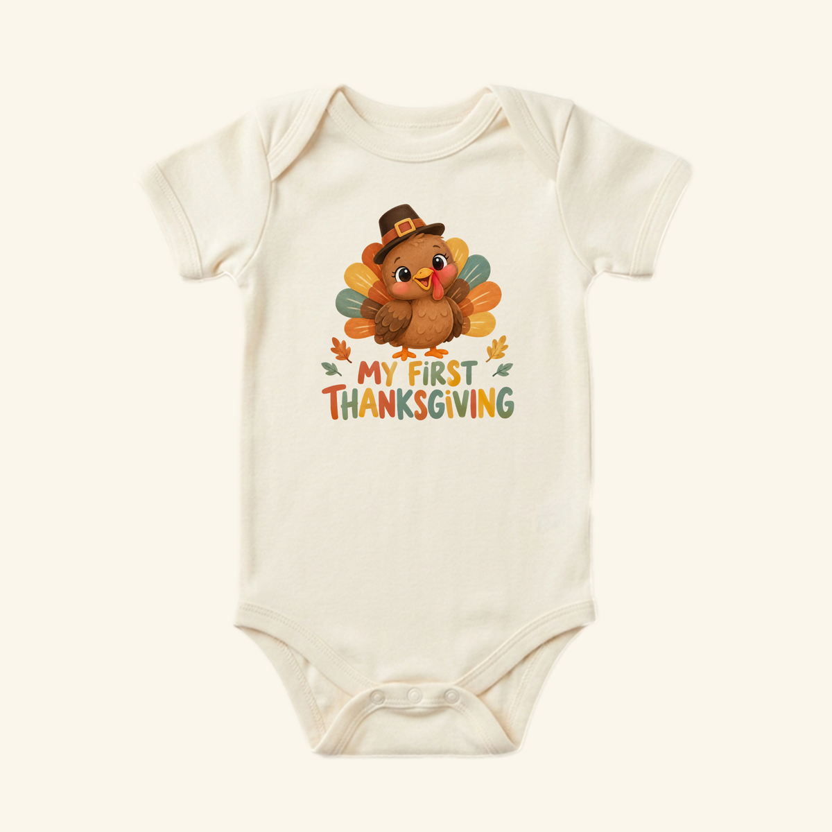 Cream-colored My First Thanksgiving Baby Onesie – Pilgrim Turkey Bodysuit featuring a cartoon turkey wearing a pilgrim hat.
