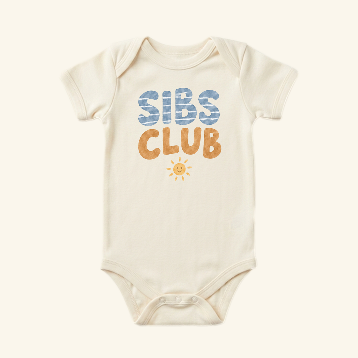 Off-white Sibs Club Baby Onesie – Matching Sibling Smiley Sun Bodysuit featuring blue and orange text with a small yellow smiley sun icon below.