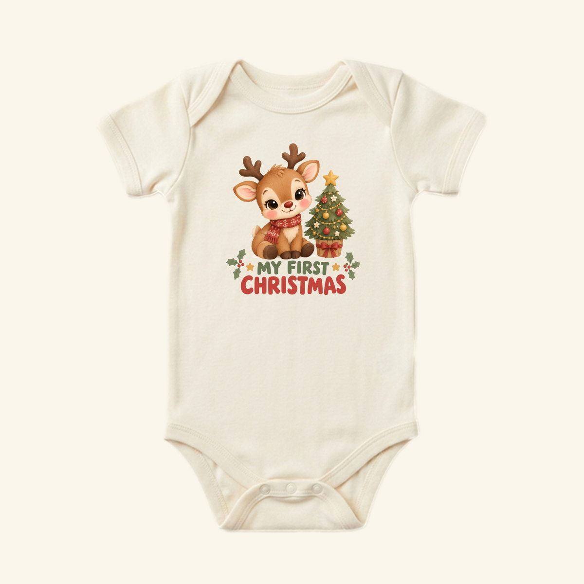 My First Christmas Baby Onesie – Cute Reindeer & Tree Bodysuit featuring a short-sleeved bodysuit with a reindeer and Christmas tree graphic and the text My First Christmas.
