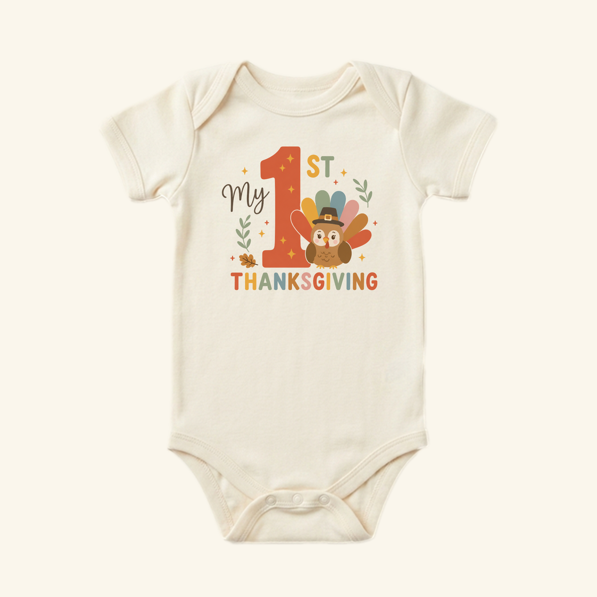 Cream-colored My First Thanksgiving Baby Onesie – Colorful Turkey Bodysuit featuring a colorful turkey graphic.