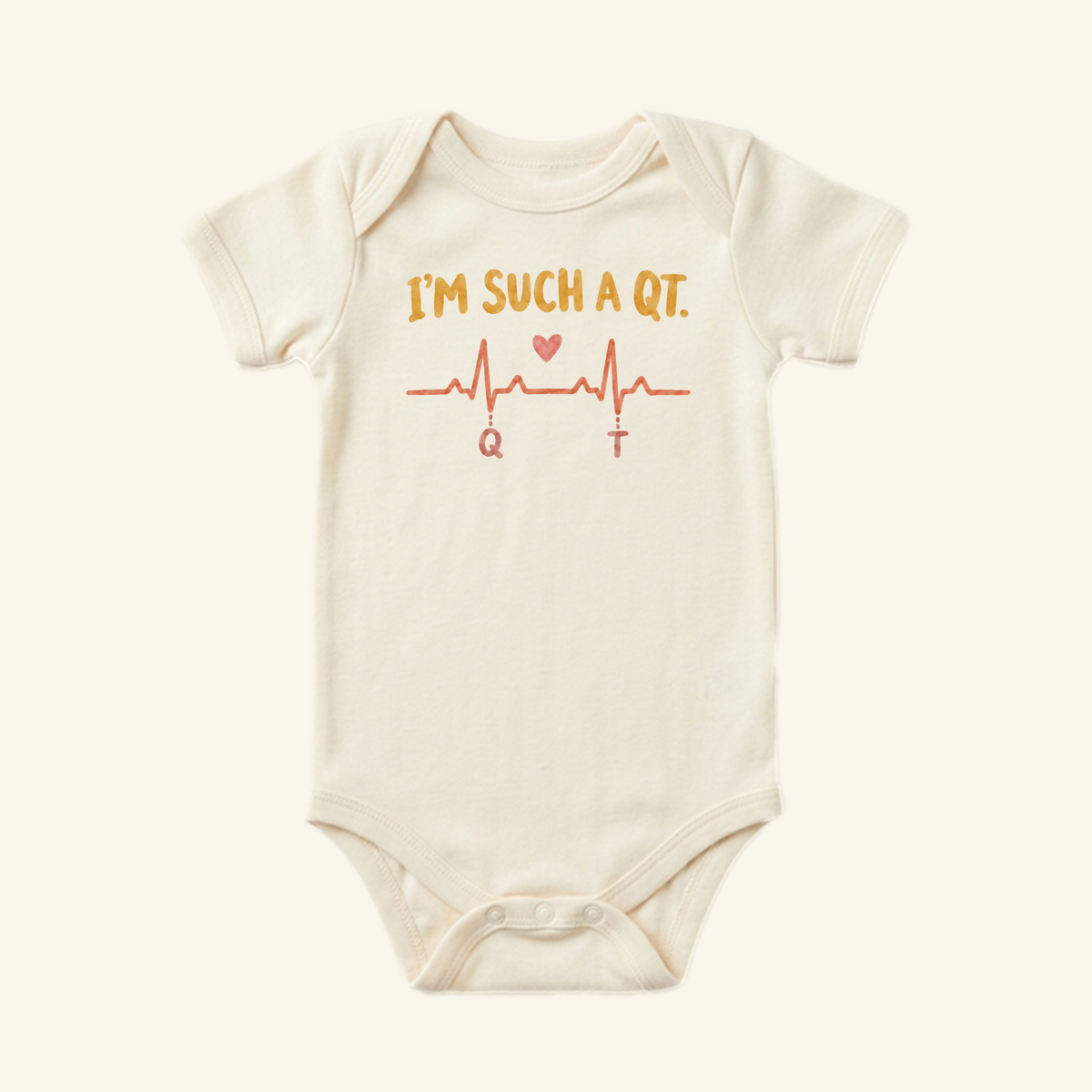 Cream-colored I’m Such a QT Baby Onesie – Funny EKG Heartbeat Nurse Bodysuit printed with I’m such a QT and a graphic of a heartbeat line featuring a small heart, playing on the QT interval.