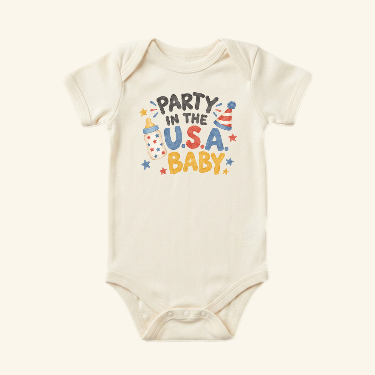 Off-white Party in the USA Baby Onesie – Patriotic Baby Bottle Bodysuit featuring a baby bottle, a red, white, and blue party hat, and the text PARTY IN THE U.S.A. BABY.