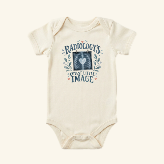 Off-white Radiology’s Cutest Little Image Baby Onesie – Rad Tech Bodysuit featuring an X-ray illustration of a ribcage with a central heart, surrounded by leaf accents and the text Radiology’s Cutest Little Image.