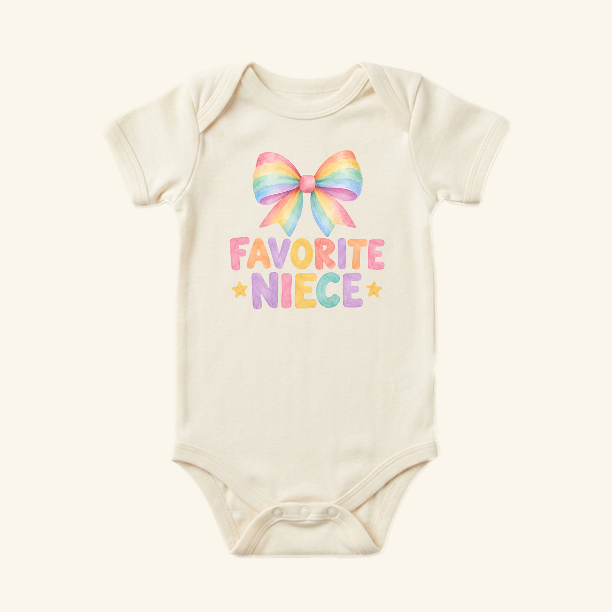 Cream-colored Favorite Niece Baby Onesie – Cute Rainbow Bow Bodysuit featuring a watercolor-style rainbow bow, stars, and the text FAVORITE NIECE.