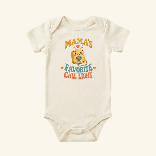 Cream-colored Mama’s Favorite Call Light Baby Onesie – Funny Nurse Mom Bodysuit featuring a smiling hospital call light button and the text Mama’s favorite call light.