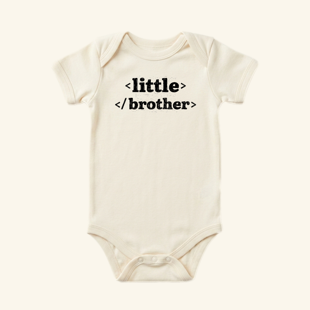 Cream-colored Little Brother Baby Onesie – HTML Code Sibling Bodysuit featuring the black text little on the chest.