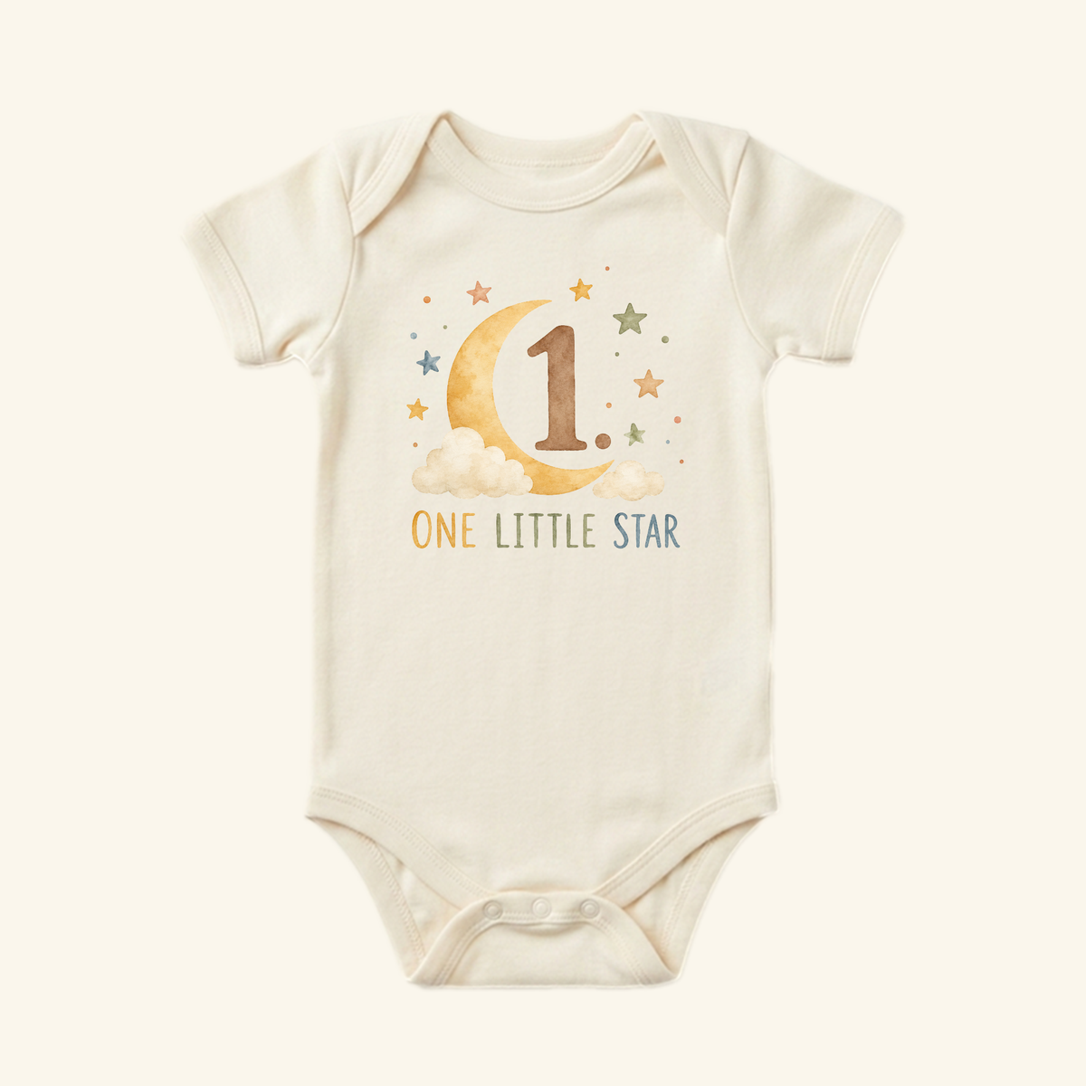 Toodleroos One Little Star 1st Birthday Baby Onesie featuring a watercolor graphic of a crescent moon, clouds, stars, the number 1, and the text ONE LITTLE STAR.