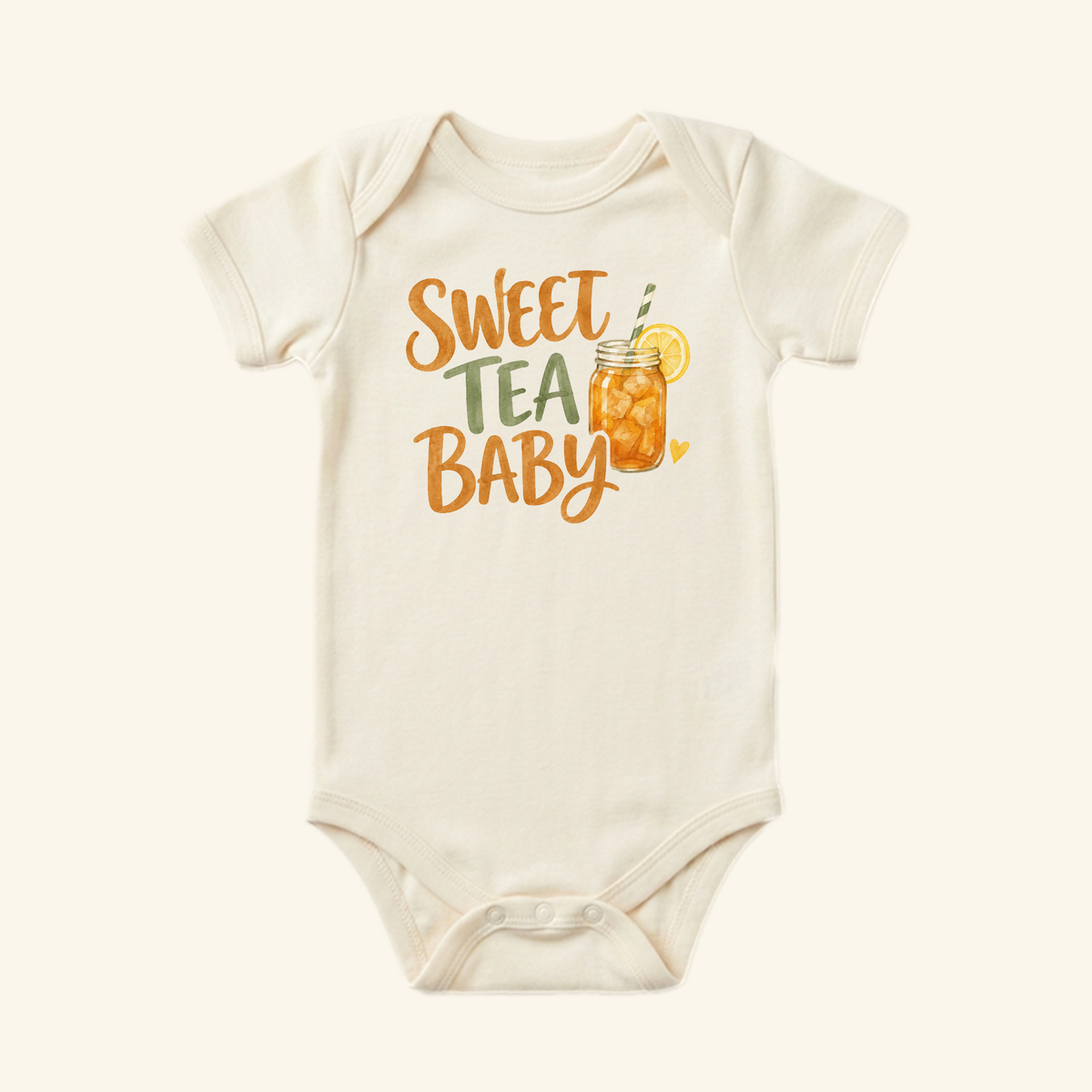Cream-colored Sweet Tea Baby Onesie – Southern Mason Jar Iced Tea Bodysuit printed with a mason jar of iced tea.