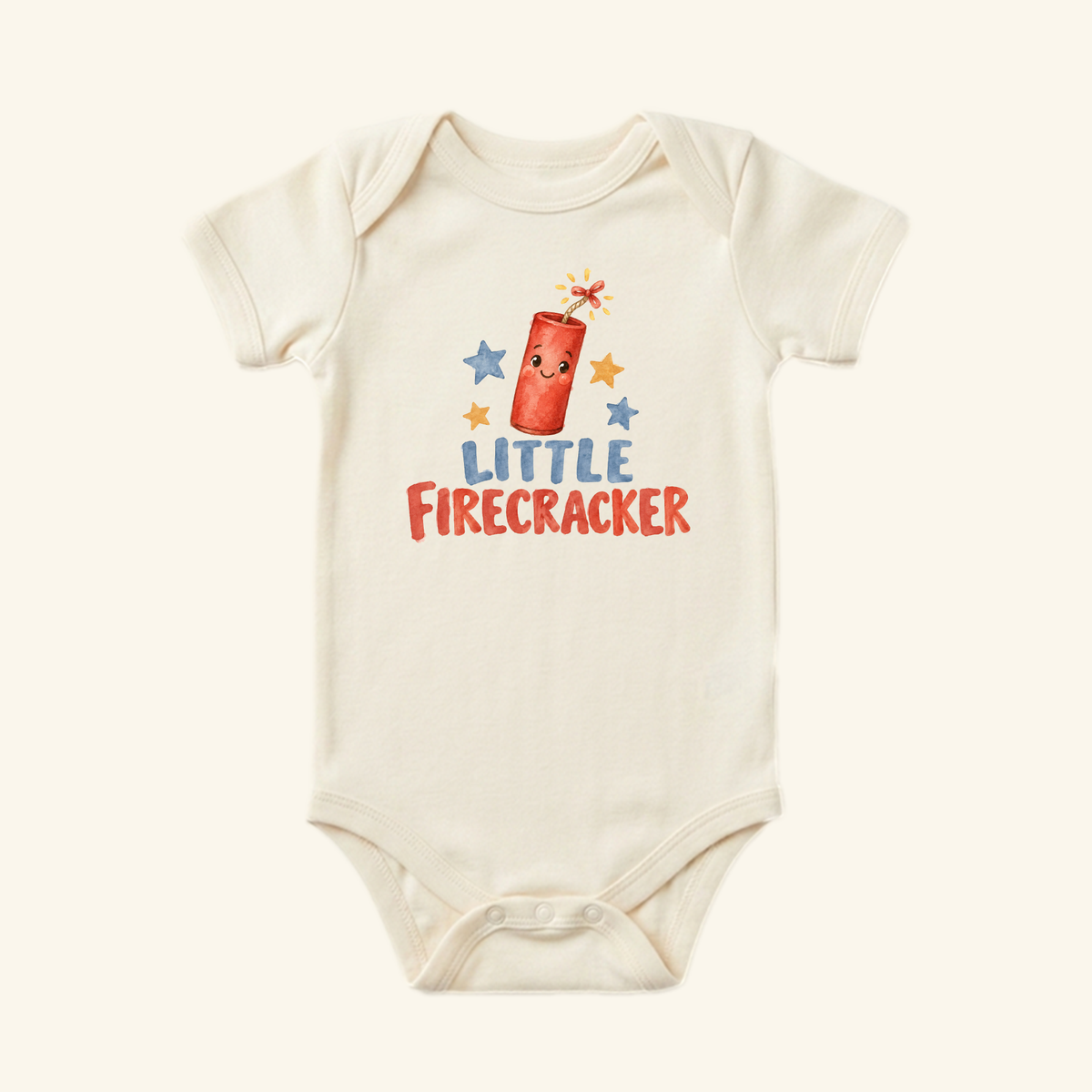 Cream-colored Toodleroos Little Firecracker Baby Onesie featuring a cartoon firecracker character with stars and the text LITTLE FIRECRACKER.
