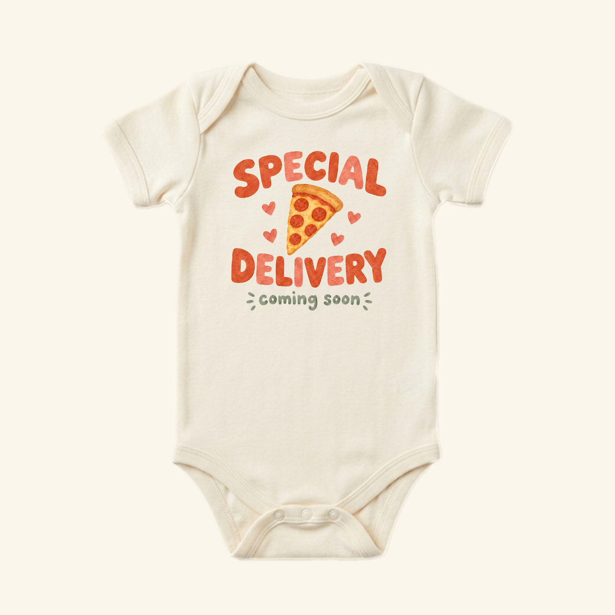 Special Delivery Pizza Baby Onesie – Pregnancy Announcement Bodysuit featuring a pizza slice, small hearts, and the text Special Delivery coming soon.
