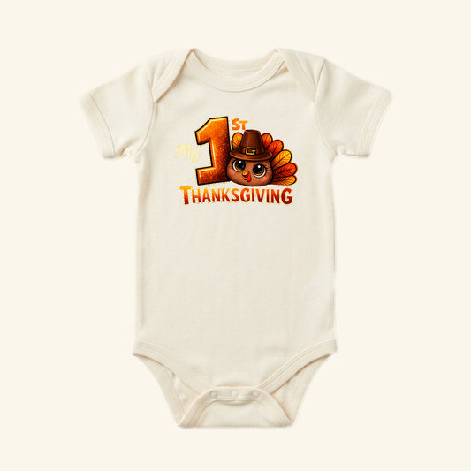 Cream-colored My 1st Thanksgiving Baby Onesie – Turkey Bodysuit featuring a cartoon turkey wearing a pilgrim hat inside the number one.