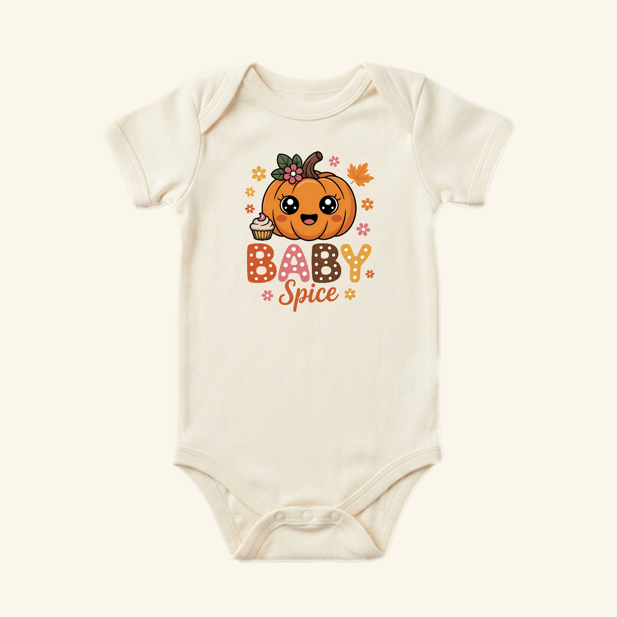 Baby Spice Pumpkin Baby Onesie – Fall Pumpkin Spice Bodysuit featuring a smiling cartoon pumpkin, a cupcake, and the text BABY Spice.
