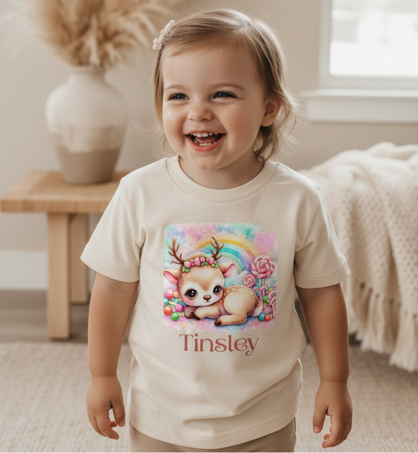 Personalized Candy Deer Toddler T-Shirt – Custom Name Tee