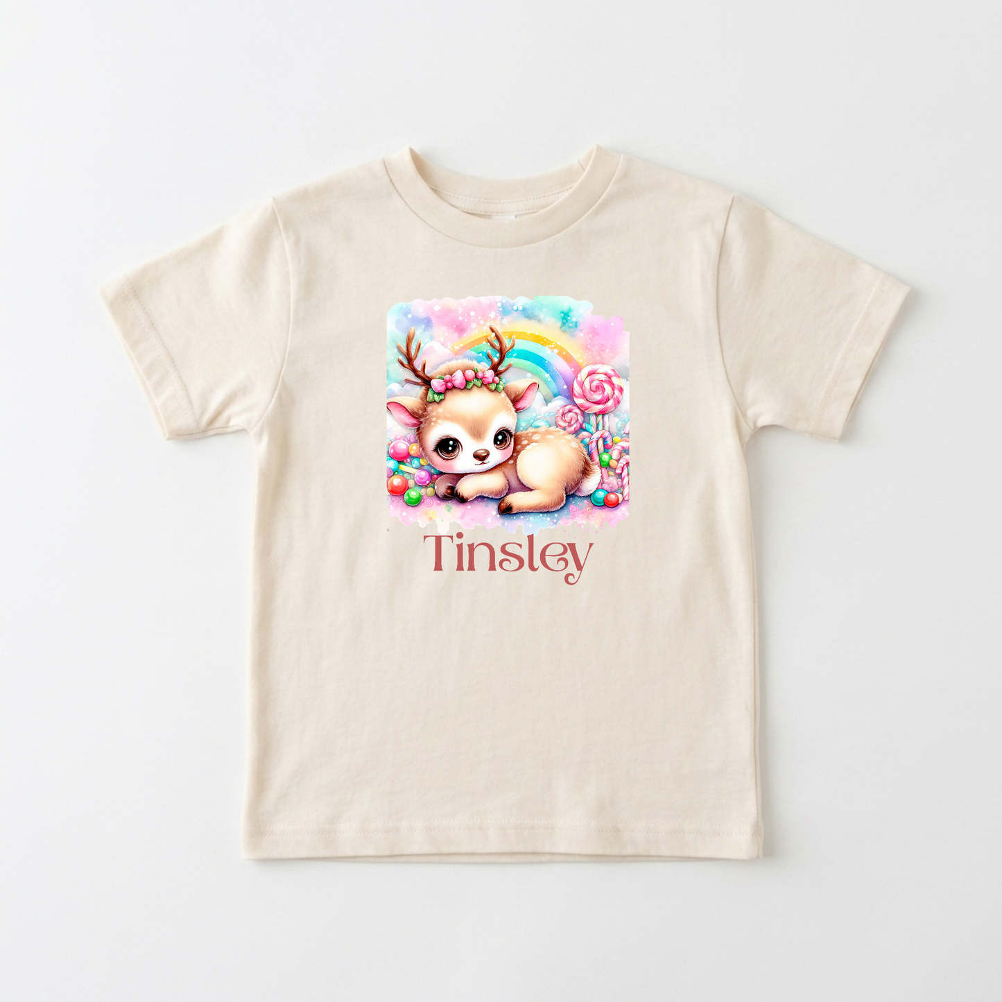 Personalized Candy Deer Toddler T-Shirt – Custom Name Tee