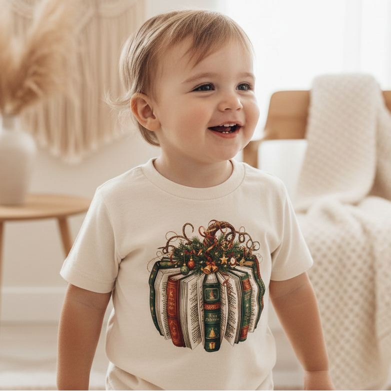 Christmas Book Wreath Tee – Baby Holiday Shirt