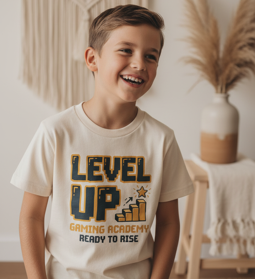 A young boy smiling and wearing a cream-colored graphic t-shirt with 'LEVEL UP GAMING ACADEMY READY TO RISE' printed in navy and gold. The background shows a warm, boho-style room with a macrame wall hanging and a vase with dried pampas grass.