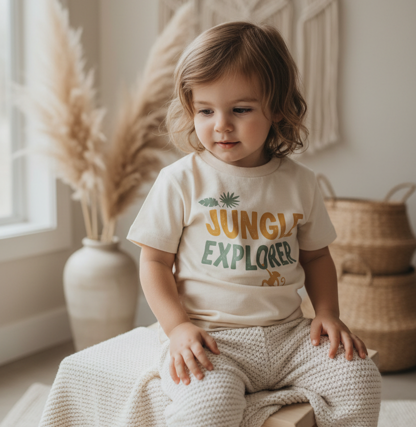 A toddler sits on a wooden stool in a bright, neutral room, wearing a cream-colored t-shirt with a 'JUNGLE EXPLORER' graphic and matching textured cream pants.