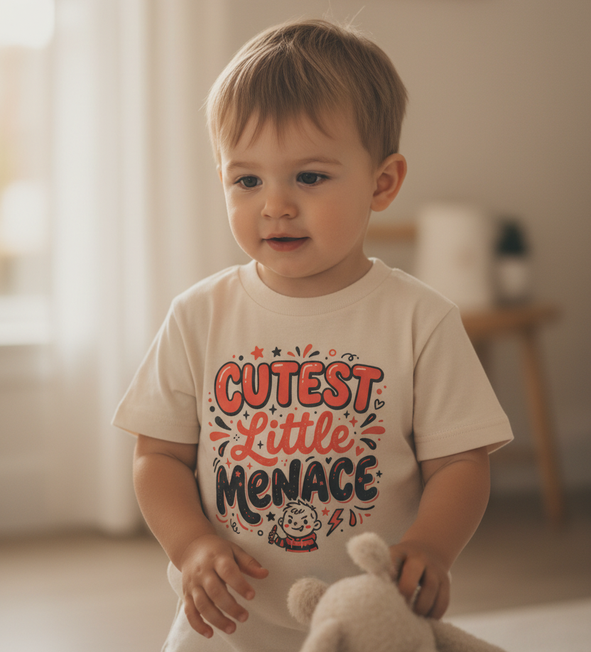 A toddler boy wearing a cream-colored graphic t-shirt with 'CUTEST Little MENACE' printed on the front, holding a plush toy in a softly lit indoor room.