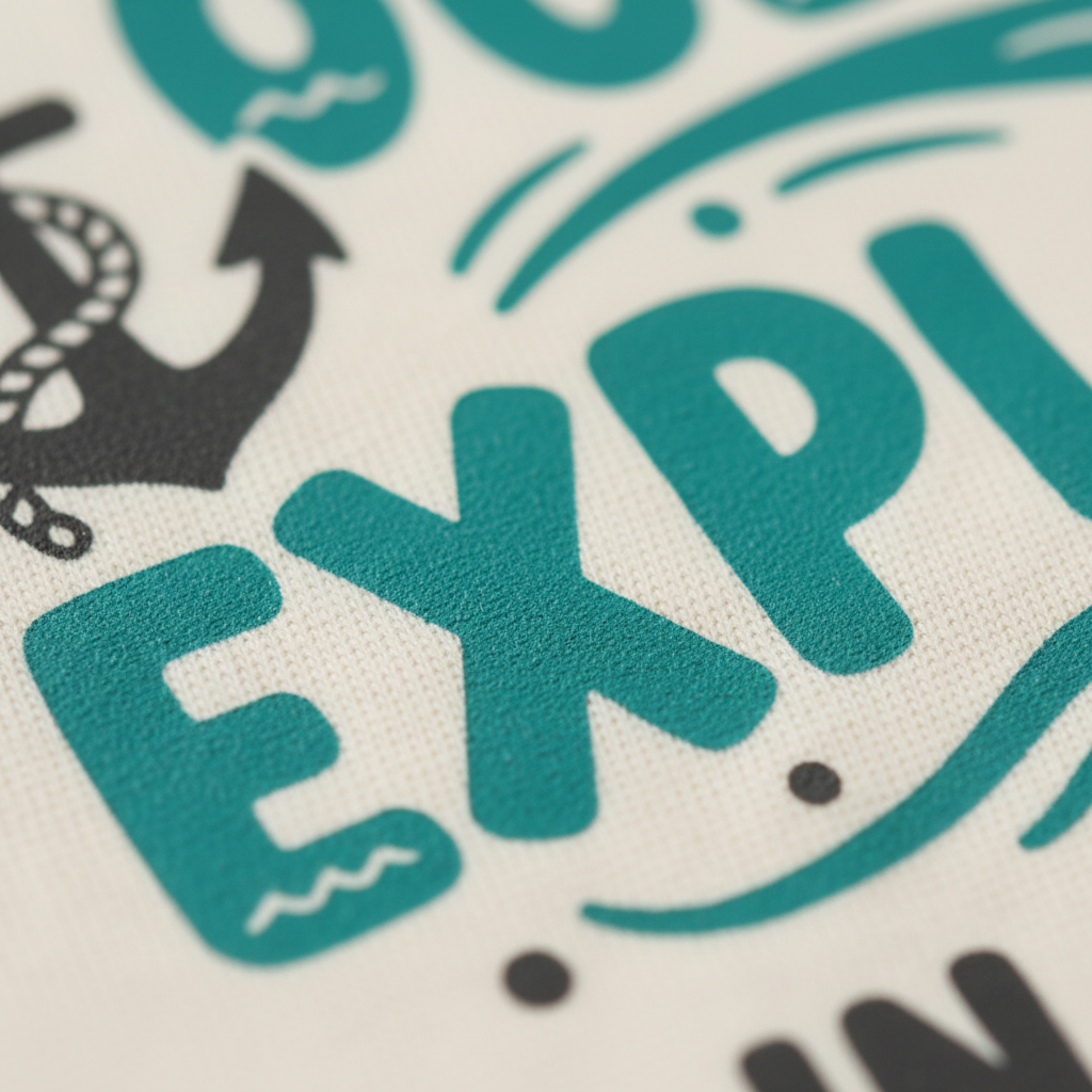 Close-up of a printed textile design with teal lettering and a black anchor motif on a light fabric background.