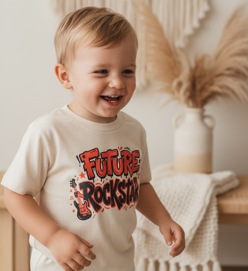 A young toddler boy wearing a cream-colored t-shirt with a red and black 'FUTURE ROCKSTAR' graphic, standing in a cozy, warm-toned room with bohemian decor.