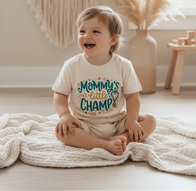 A baby sitting on a chunky knit blanket in a bright room, wearing a cream short-sleeve t-shirt with the text 'Mommy's little CHAMP' in teal and gold lettering.