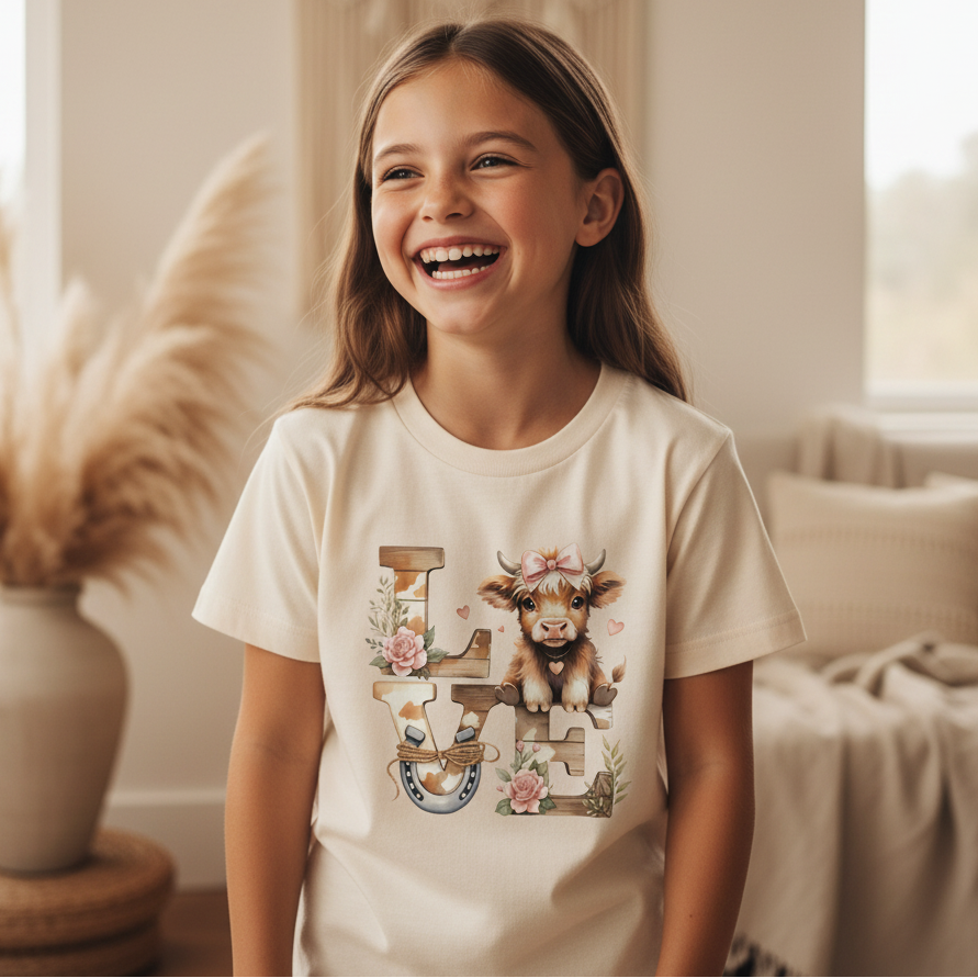 Love Highland Cow Tee – Youth Farmhouse Shirt