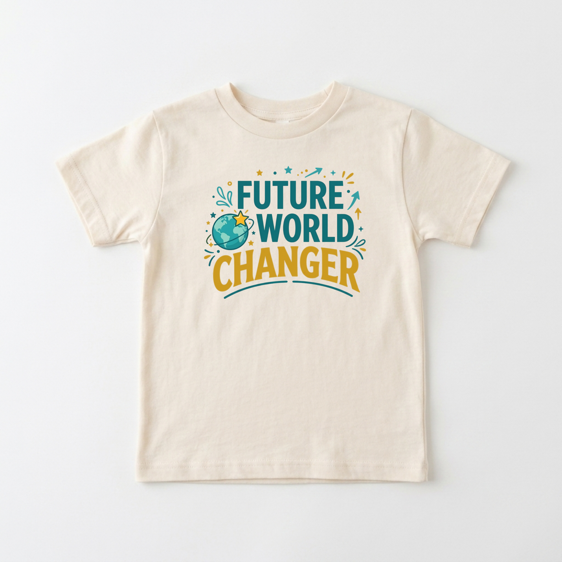An off-white short-sleeve t-shirt with a colorful graphic on the chest that reads 'FUTURE WORLD CHANGER' in teal and mustard yellow, featuring a small globe illustration, laid flat against a light gray background.