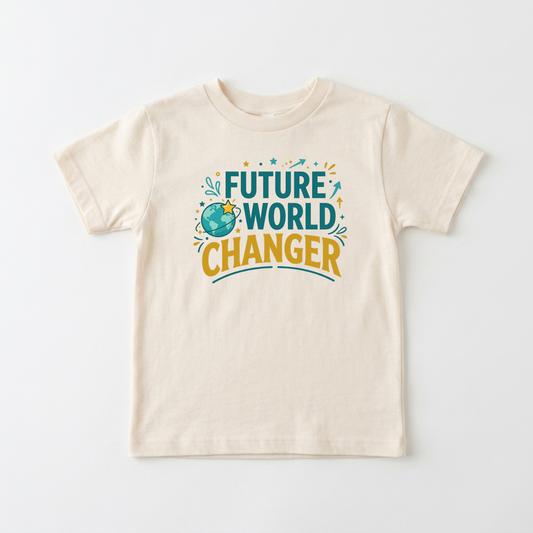 An off-white short-sleeve t-shirt with a colorful graphic on the chest that reads 'FUTURE WORLD CHANGER' in teal and mustard yellow, featuring a small globe illustration, laid flat against a light gray background.