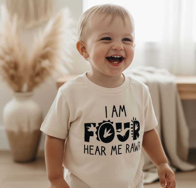 I Am Four Hear Me Rawr Kids Shirt – Dinosaur 4th Birthday Tee