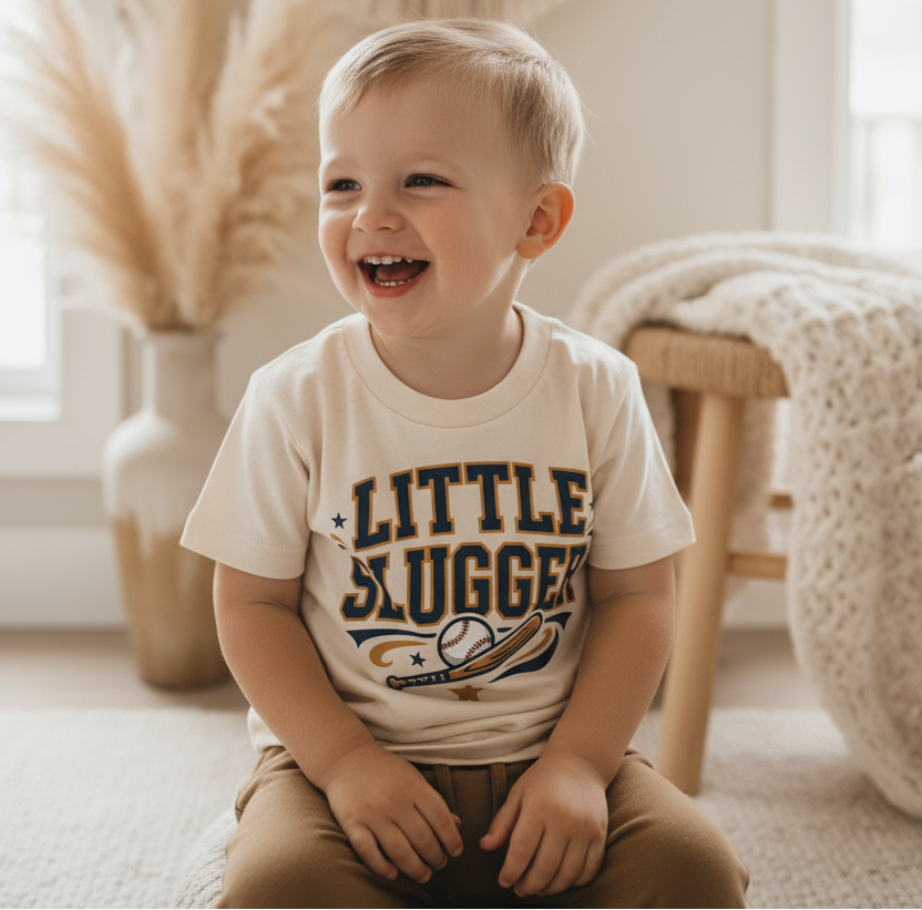 A toddler boy sitting on a carpeted floor in a bright room, wearing a cream-colored graphic t-shirt that says 'LITTLE SLUGGER' in navy and gold lettering, paired with tan pants.