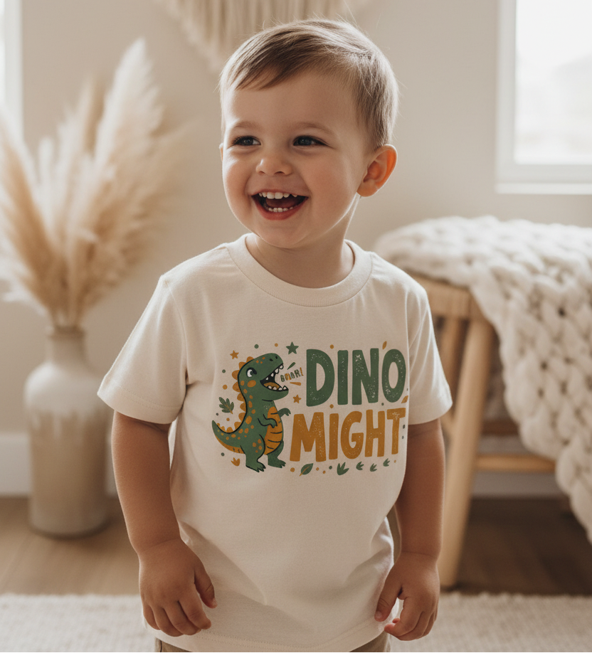 A smiling toddler wearing a cream-colored t-shirt with a green dinosaur graphic and the words 'DINO MIGHT' in green and orange, standing in a bright, cozy room with a macrame wall hanging and pampas grass.