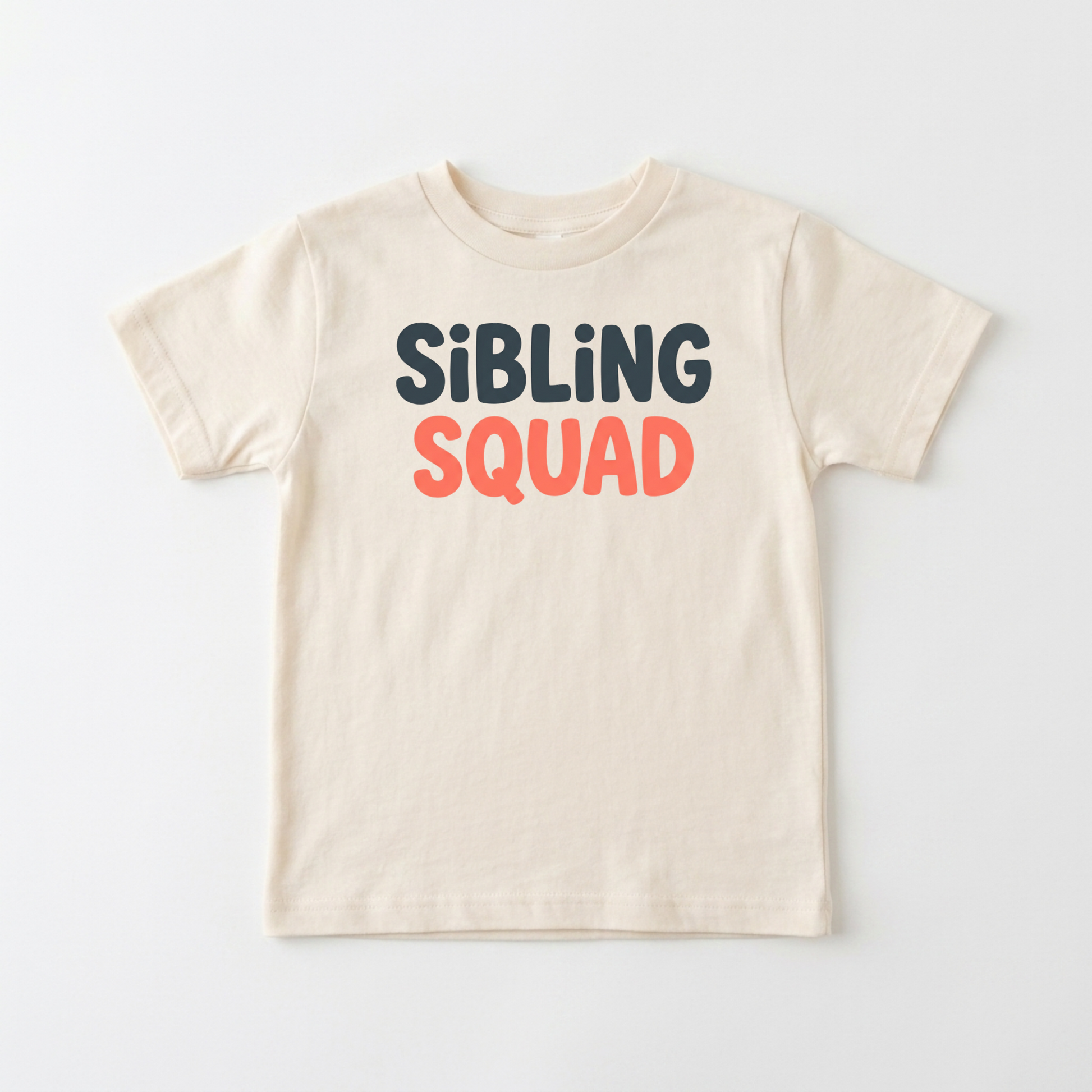 A cream-colored short-sleeve t-shirt with the text 'SiBLING SQUAD' printed on the chest. 'SiBLING' is in dark navy blue letters, and 'SQUAD' is in coral orange.