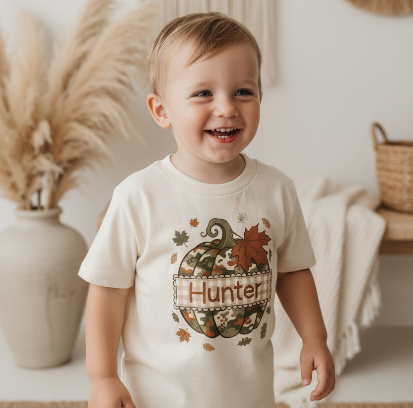 Personalized Camo Pumpkin Toddler Shirt – Fall Name Tee