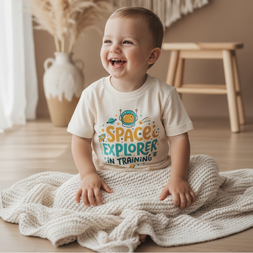 A baby sitting on a cream knit blanket in a warm, boho-style room, wearing a cream t-shirt with a colorful graphic that reads 'SPACE EXPLORER IN TRAINING'.