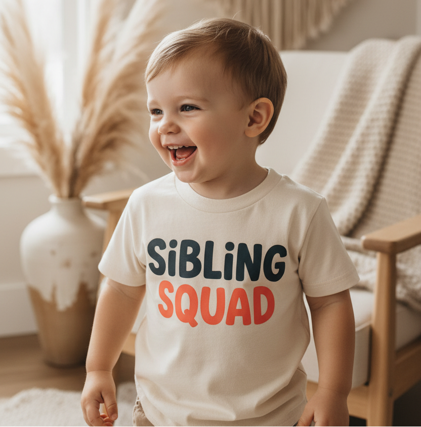 A toddler boy wearing a cream-colored t-shirt with 'SIBLING SQUAD' printed on the front in navy and orange, standing in a cozy, sunlit room with a macrame wall hanging and pampas grass in the background.