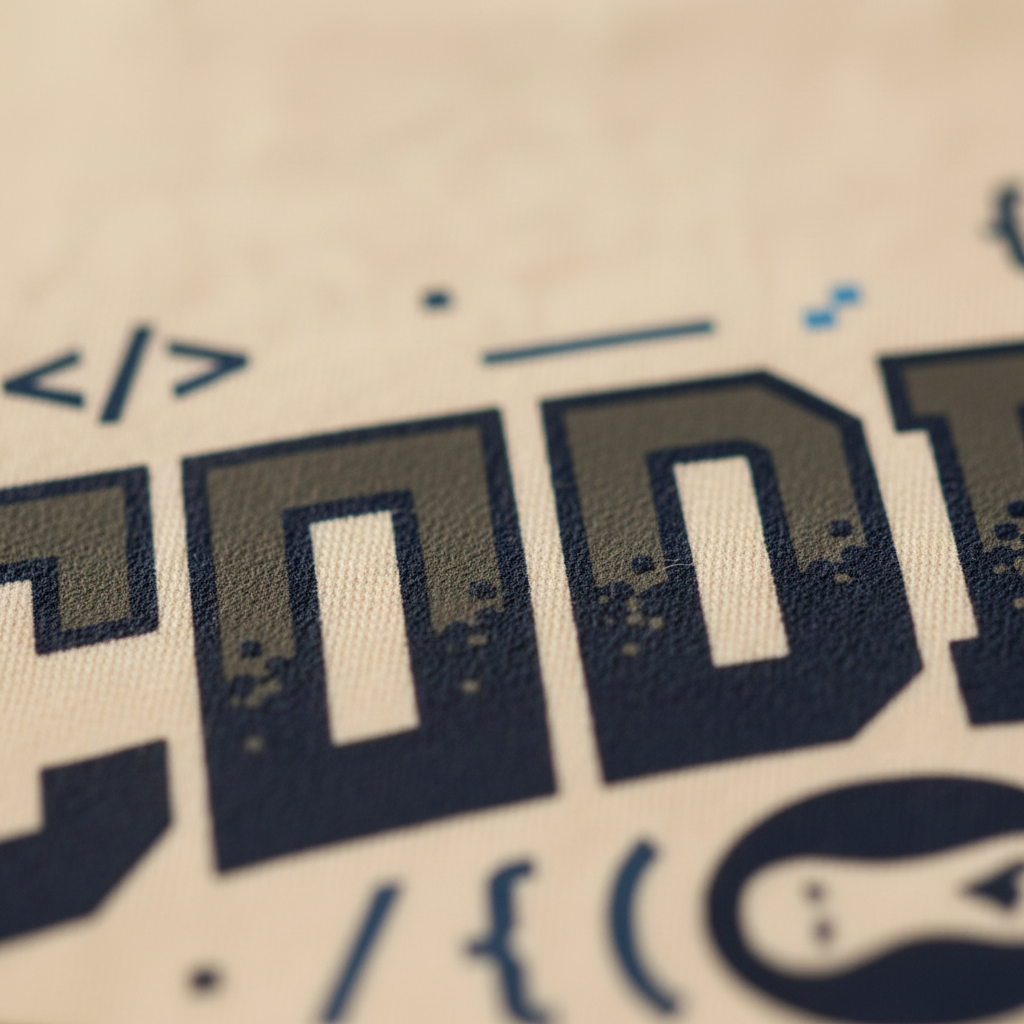 A cream-colored short-sleeve t-shirt with a dark blue graphic on the front that reads 'CODING NINJA' surrounded by programming symbols, displayed flat against a light gray background.