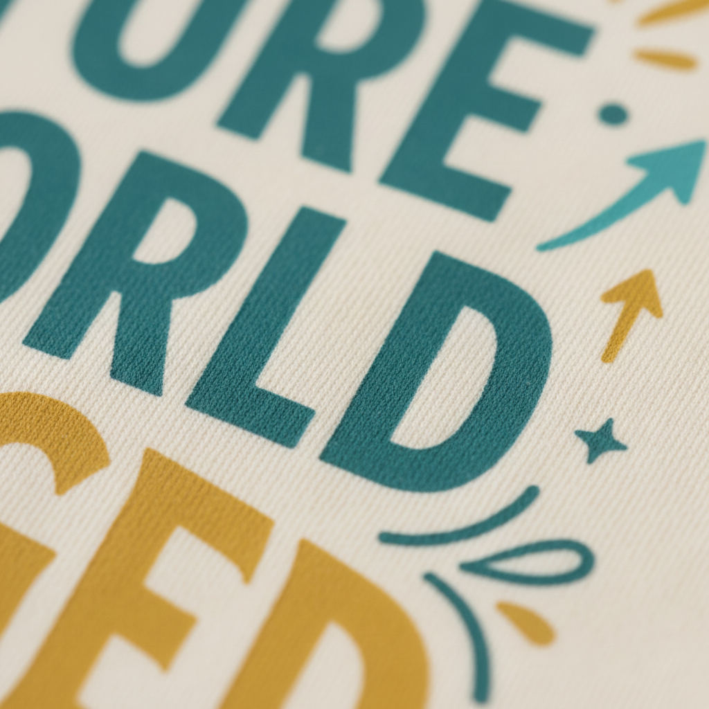 Close-up of a printed textile or fabric surface with large teal and mustard yellow lettering on a warm off-white background.