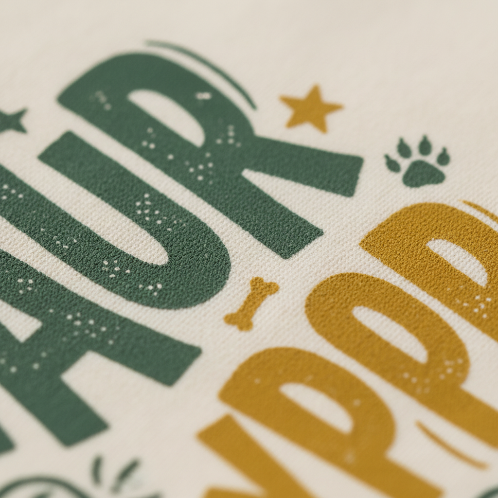 Close-up of a printed textile design with large dark green and mustard yellow lettering on a warm off-white fabric background, plus small star and paw-print motifs.