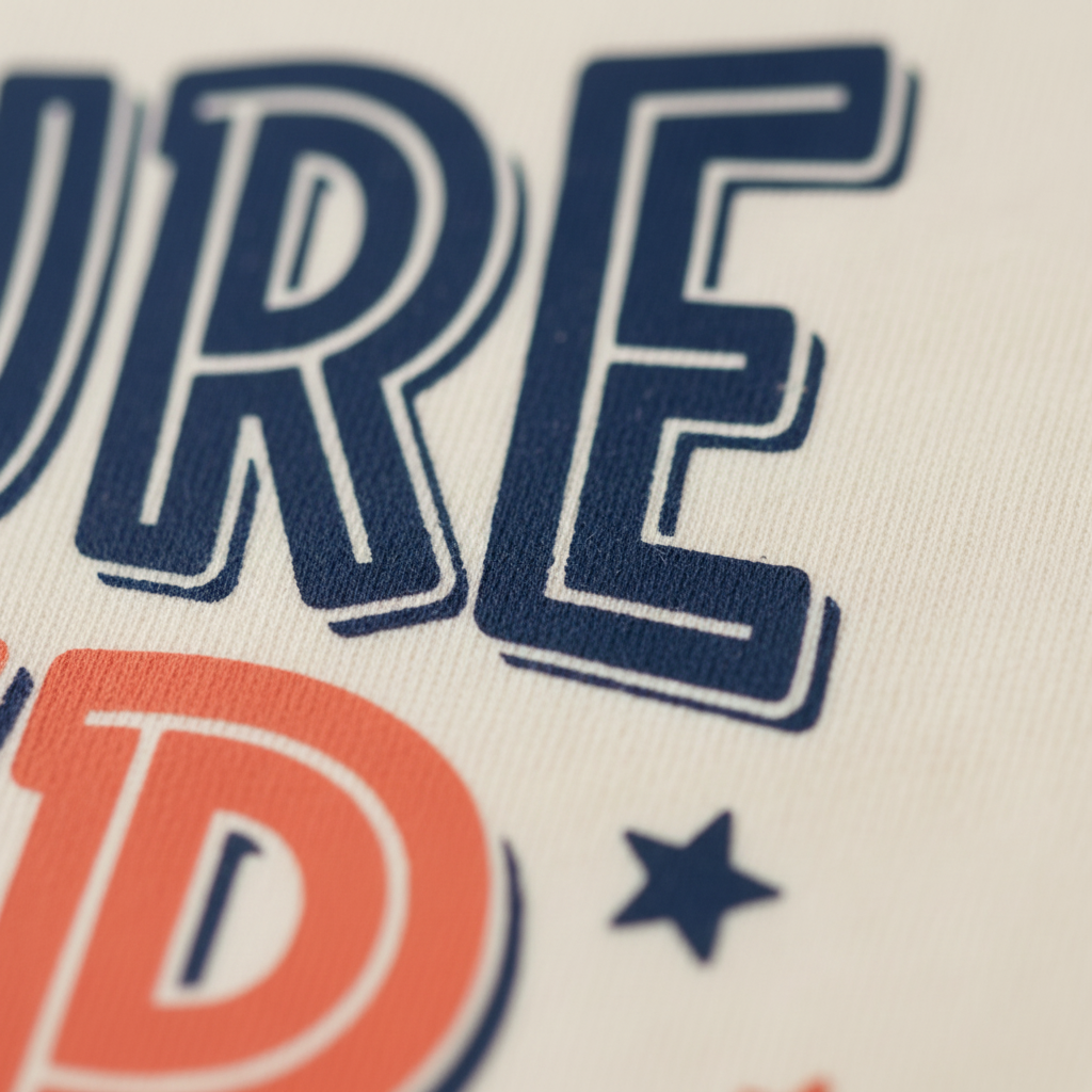 Close-up of a printed graphic on fabric showing large navy blue letters outlined in white, with part of an orange-red letter below and a navy star on a light cream background.