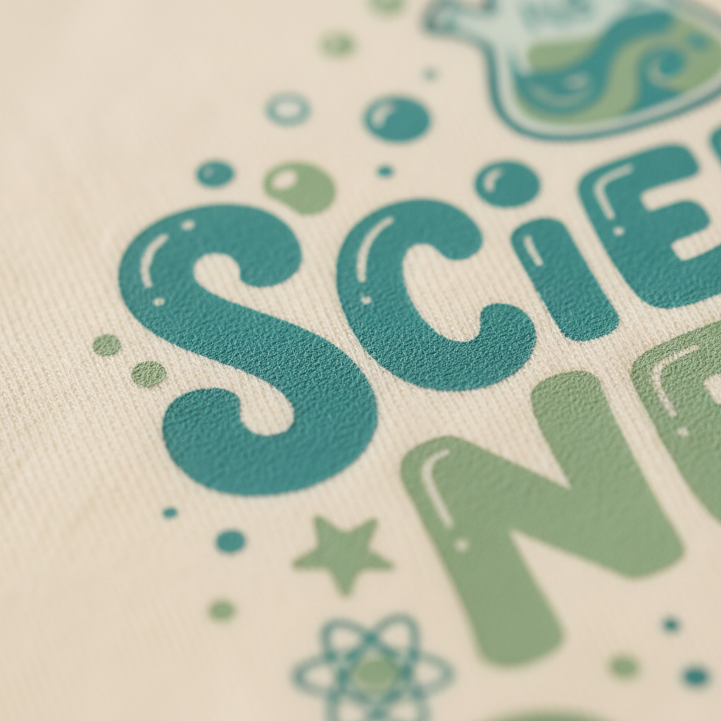 Close-up of a printed textile or paper surface with large teal and light green lettering on an off-white background, including partial words and small science-themed icons like stars, dots, and an atom symbol.