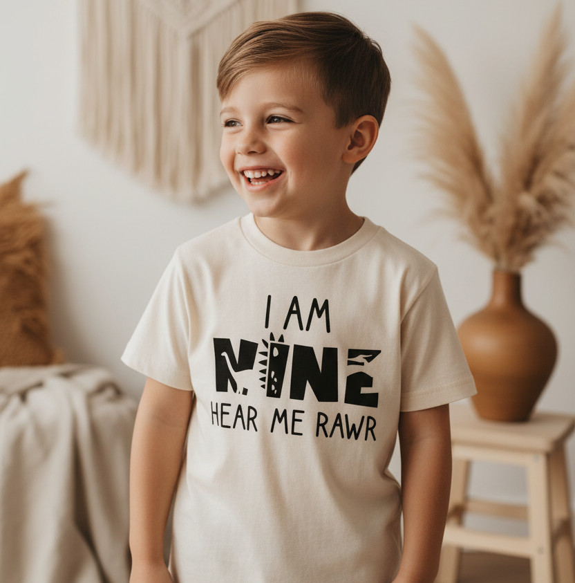I Am Nine Hear Me Rawr Kids Shirt – Dinosaur 9th Birthday Tee